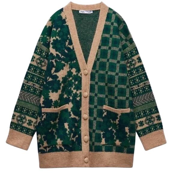 Zara Sweaters - Zara Courtyard Patchwork Oversized Cardigan Sweater Green Tan Small